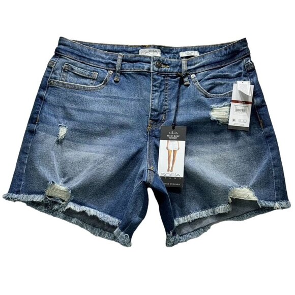 Sofia Jeans by Sofia Vergara Lila Easy Short Destructed Hem Medium Wash Denim Sh - Picture 1 of 6